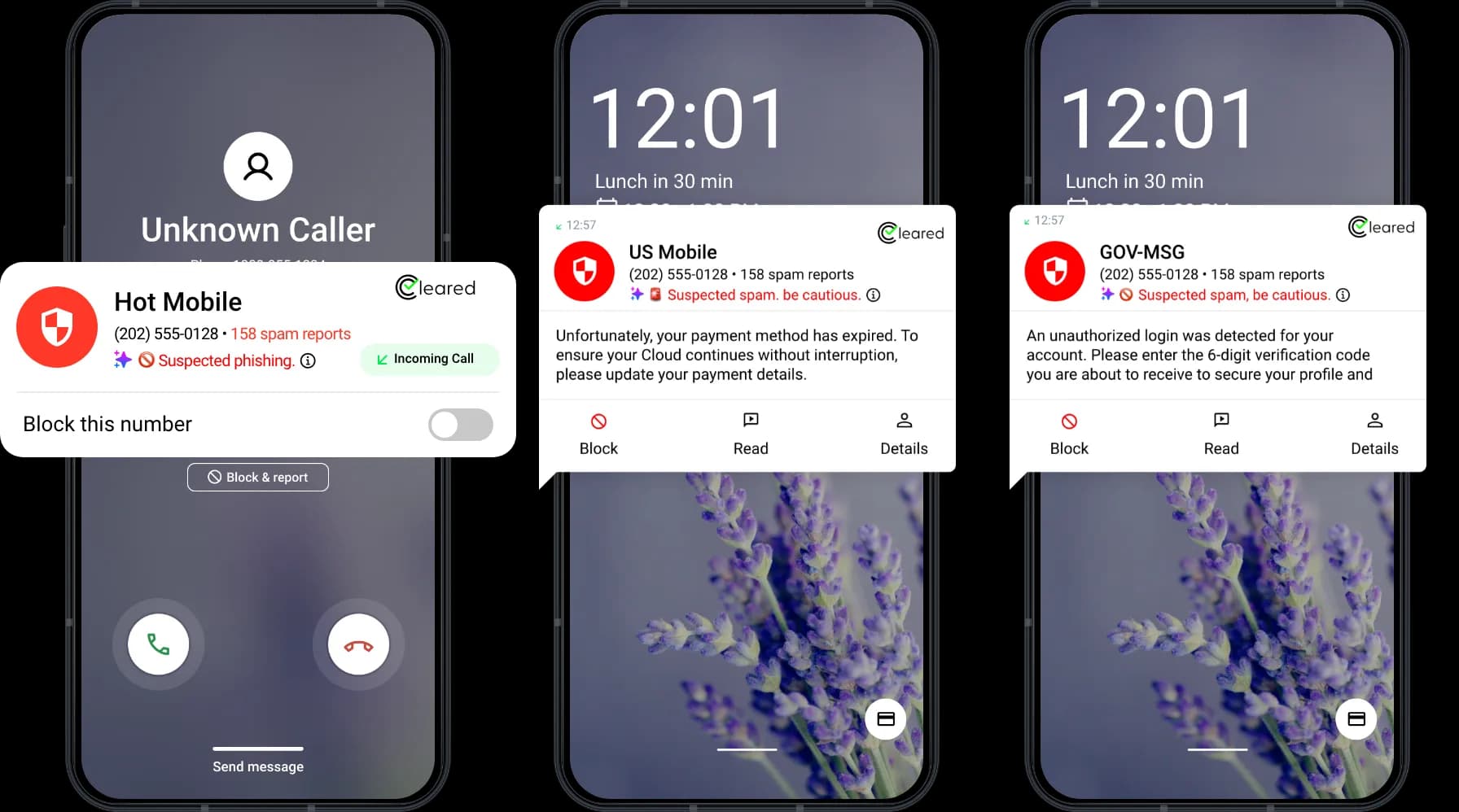 Cleared SDK spam detection dashboard showing scam call alerts, phishing detection, and OTP protection