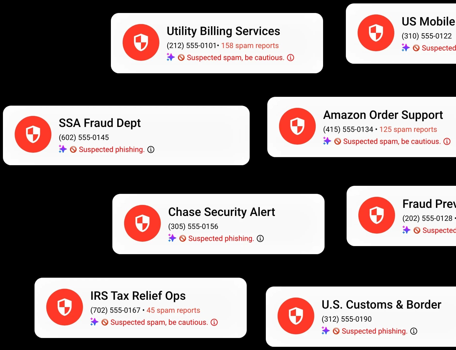 OTP & Account Security feature showing a phone screen with a detected OTP scam and a warning about a fraudulent message pretending to be from Instagram